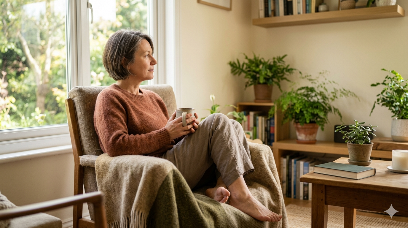 Mujer descansando con fibromialgia, luz natural